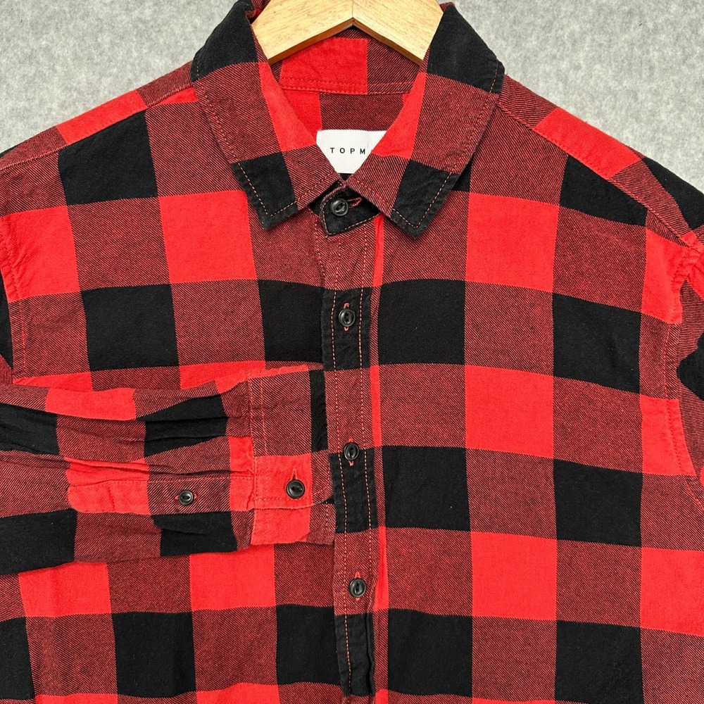 Topman Men's Red Black Buffalo Plaid Long‎ Sleeve Flannel Shirt Size M